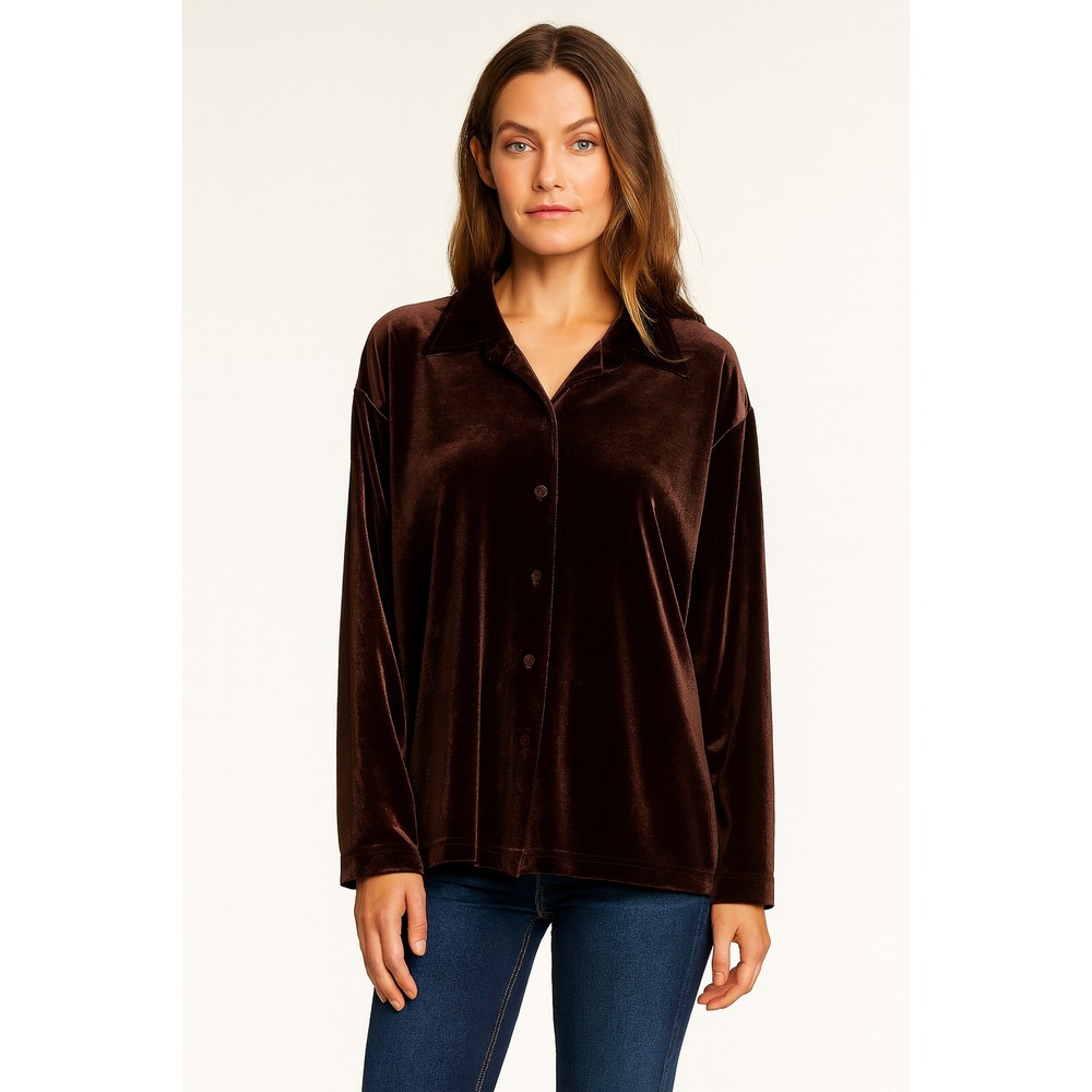 VTG 90s Casual Corner Women Velvet Top S‎ Brown Long Sleeve Stretch Party Blouse